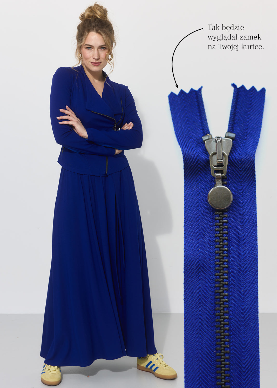 Niebieska sukienka z precyzyjnym zamkiem, stylowa i wygodna, idealna dla kobiet ceniących sobie elegancję i detale.