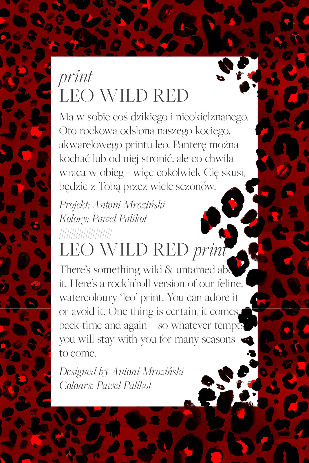 Czerwony print LEO WILD RED z akwarelowym wzorem leoparadowym, projekt Antoni Mroziński