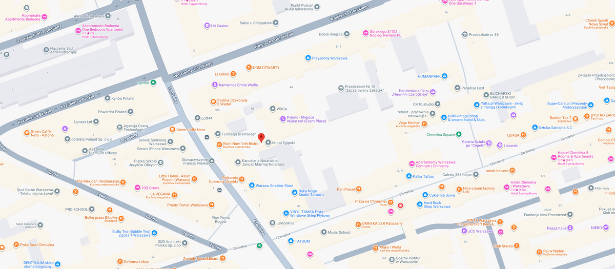Mapa Warszawy z zaznaczonymi lokalizacjami sklepów i atrakcji w centrum miasta