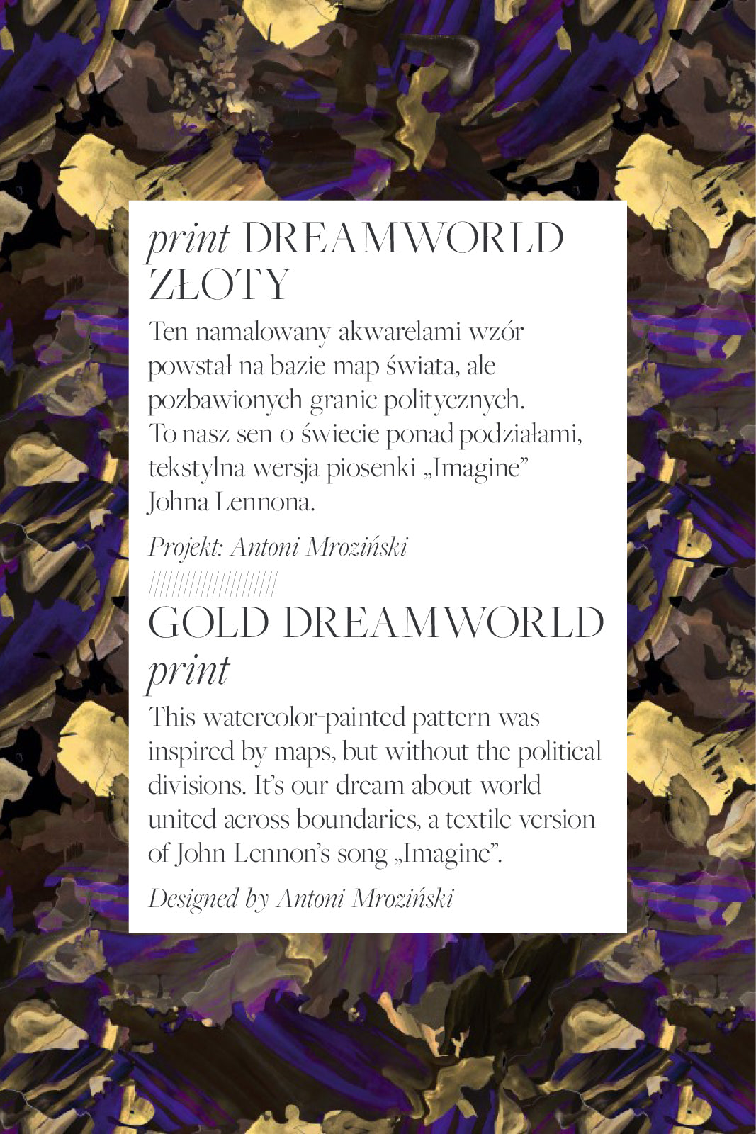 Złoty wzór Dreamworld – akwarela inspirowana mapą świata i piosenką Imagine Johna Lennona