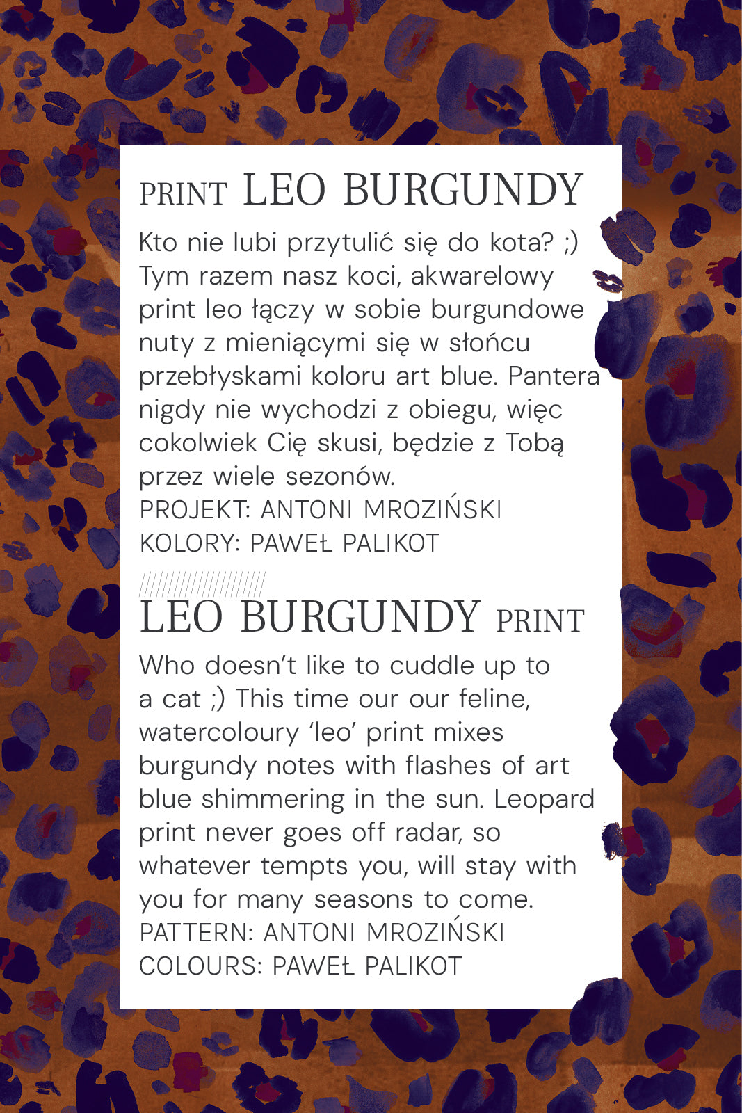 Akwarelowy print leo burgundy z nutami art blue, projekt Antoni Mroziński, kolory Paweł Palikot